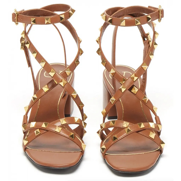 Valentino Rockstud Brown Flair City Ankle Strap Wrap Sandal Block Heel Pump 37 - Picture 5 of 12